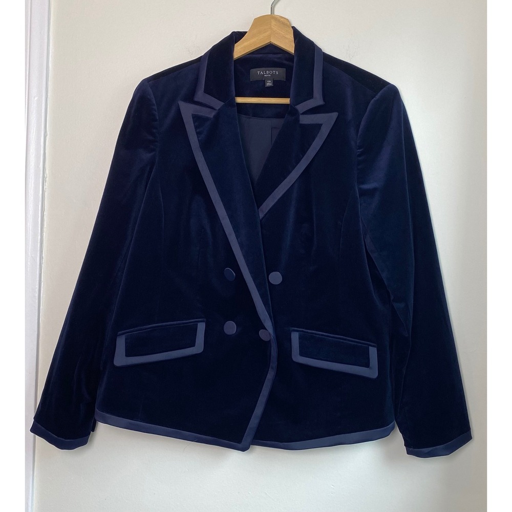 Talbots Velvet Blazer Women 12P Navy Blue Double Breasted Trim Career Luxe